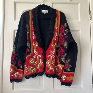Casual Corner Black Cardigan with Red & Gold Floral Border